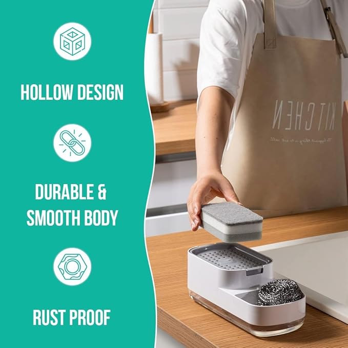 Kitchen Soap Dispenser for Sink | 2-in-1 Liquid Dishwash Dispenser with Sponge Holder & Steel Scrubber | Steel Scrubber | 3-in-1 soap Dispenser | Sink Organizer, Durable & Rustproof