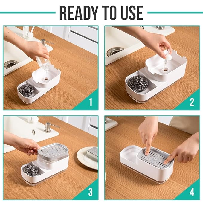 Kitchen Soap Dispenser for Sink | 2-in-1 Liquid Dishwash Dispenser with Sponge Holder & Steel Scrubber | Steel Scrubber | 3-in-1 soap Dispenser | Sink Organizer, Durable & Rustproof